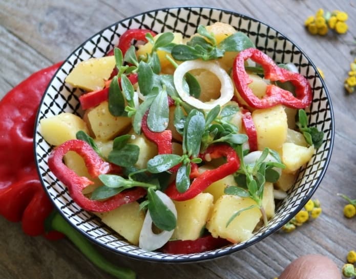 Dieser farbenfrohe Kartoffelsalat mit Paprika wird mit roten Kartoffeln, roter Spitzpaprika, Zwiebel und Portulak zubereitet. Das Dressing ist ölfrei!